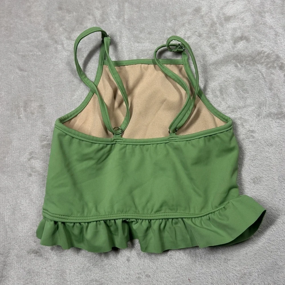 Kortni Jeane Green Adjustable Straps Ruffle Hem Square Neck Bathing Suit Top 2/3